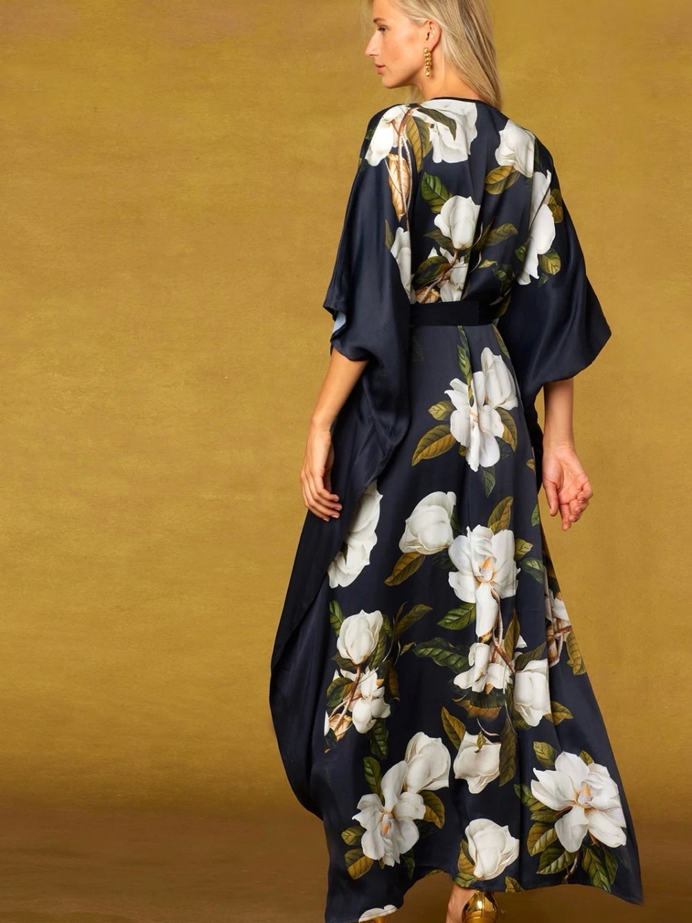 NICOBLU • CAMELLIA BELTED SILK KAFTAN dress - medium navy floral vacation luxe - Picture 7 of 14